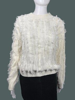 Ro & De Anthropologie Eyelash Fringe White Cable Knit Fuzzy Sweater Small